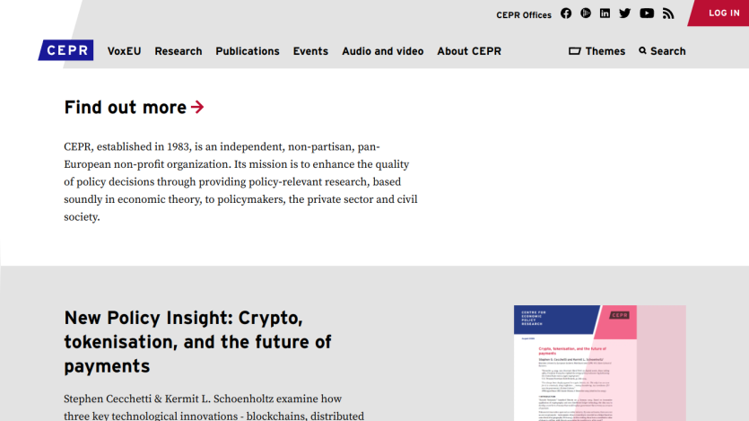 CEPR website featuring research insights on crypto and payments.