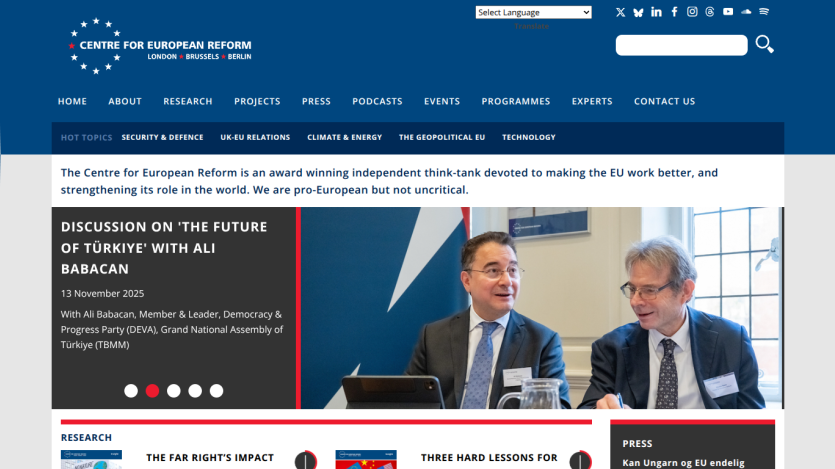 Center for European Reform homepage with headline on future of Turkey and image of a man speaking at a podium