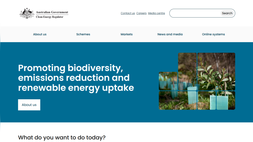 Australian Government Clean Energy Regulator homepage promoting biodiversity, emissions reduction, and renewable energy uptake