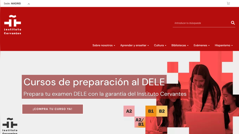 Instituto Cervantes homepage offering DELE exam preparation courses with levels A2 to B2 and a call to action button