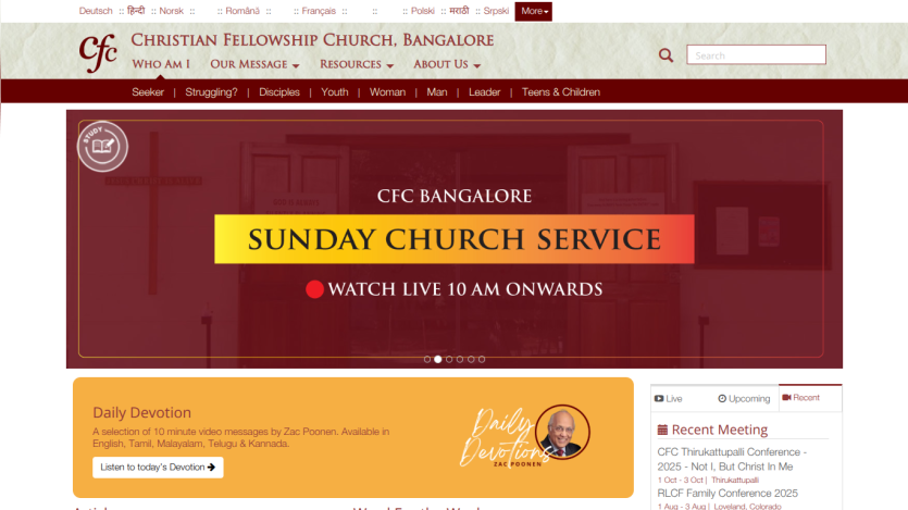 Christian Fellowship Church Bangalore website showing Sunday Church Service live at 10 AM and daily devotion video messages