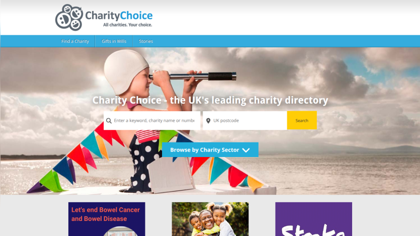 Charity Choice homepage with a child looking through a telescope, search bars for charity and postcode, and navigation links