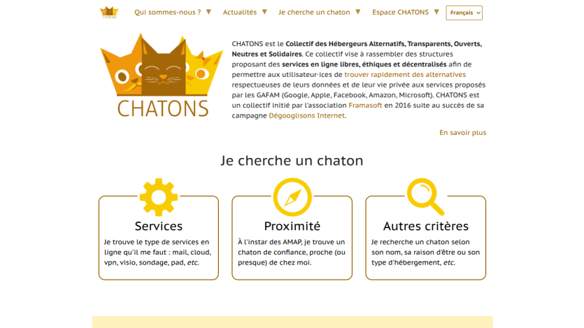 CHATONS collective offers ethical, decentralized online services as alternatives to major tech companies, with options to find trusted local hosts.