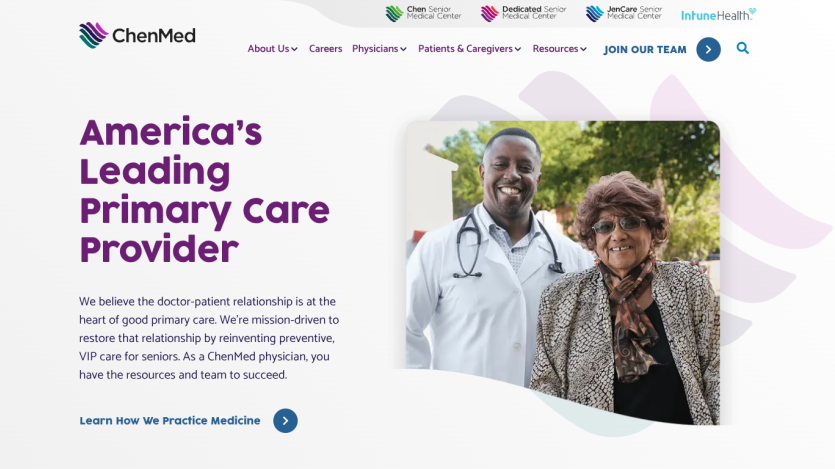 ChenMed homepage highlighting primary care for seniors with doctor-patient relationship focus and call to learn more