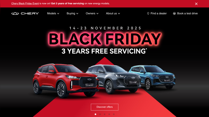 Chery Black Friday event offering 3 years free servicing on new energy models with three cars displayed