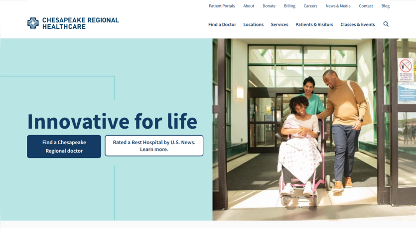 Chesapeake Regional Healthcare homepage with navigation and hero section featuring a family with a newborn and tagline Innovative for life