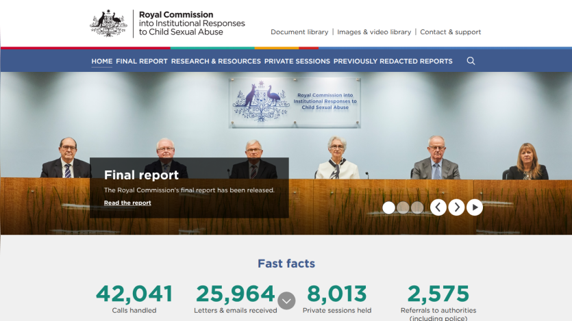 Royal Commission website with navigation, final report announcement, and fast facts on calls, letters, sessions, and referrals