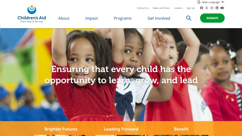 Children's Aid homepage with navigation and hero text about ensuring every child has opportunity to learn, grow, and lead