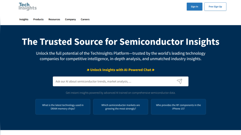 TechInsights homepage offering semiconductor insights with AI-powered chat and key semiconductor questions