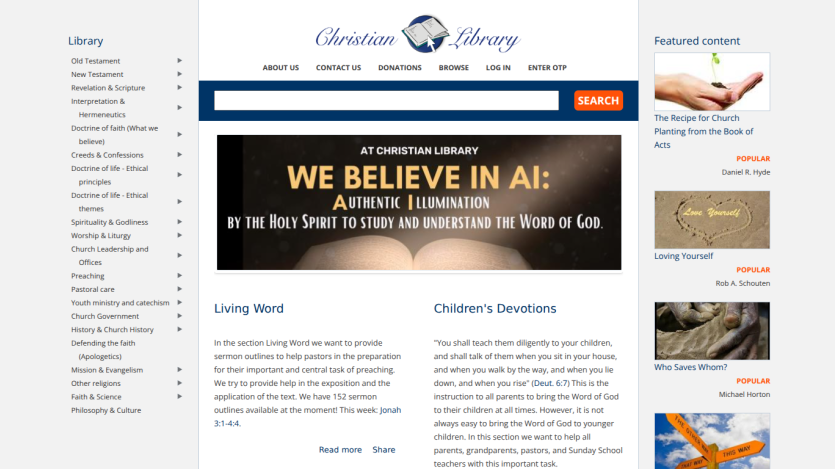 Christian Library homepage with navigation menu, search bar, hero banner about AI and Holy Spirit, and sections on Living Word and Children's Devotions