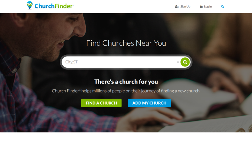 Church Finder homepage with search bar to find churches near you and buttons to find or add a church