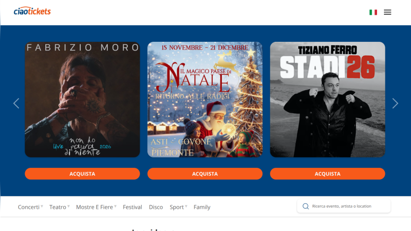 Homepage featuring a carousel of music album covers with purchase buttons and navigation menu