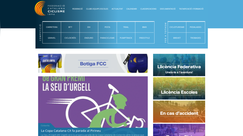 Federació Catalana Ciclisme homepage with navigation menu, cycling categories, and featured event La Copa Catalana CX at Pirineu