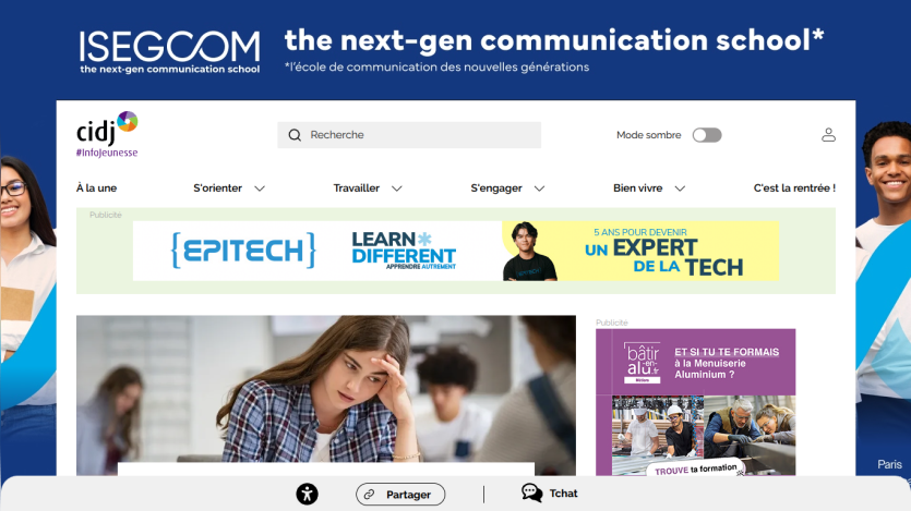 ISEGCOM website showcasing communication school offerings and programs.