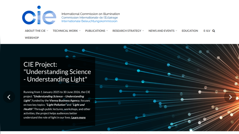 International Commission on Illumination homepage featuring project on Understanding Science and Light with key topics Light Pollution and Light and Health