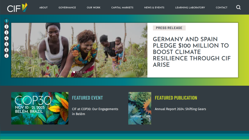 Press release about Germany and Spain pledging $100 million to boost climate resilience through CIF ARISE, with featured event COP30 in Brazil and annual report publication