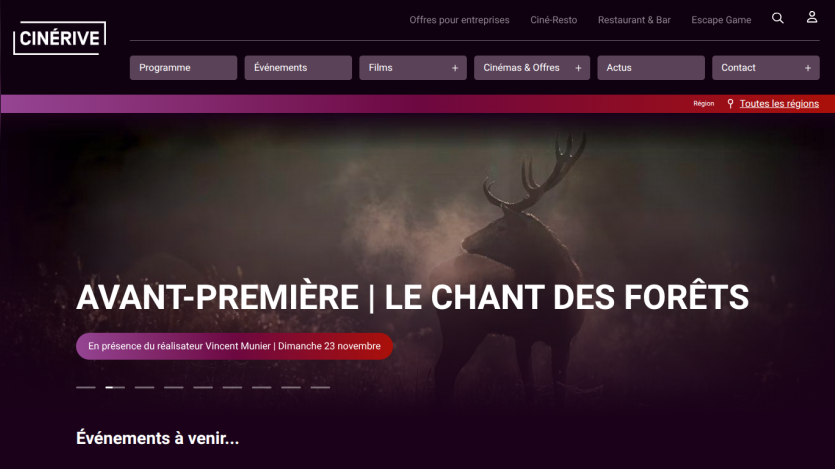 CINÉRIVE website showing an upcoming premiere event Le Chant des Forêts with director Vincent Munier on Sunday, November 23