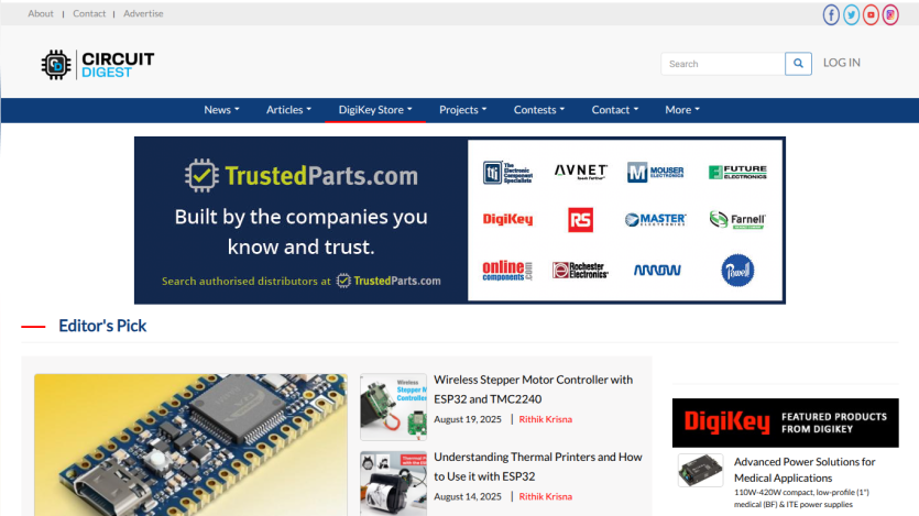 Homepage of Circuit Digest featuring articles and products with a prominent banner ad.