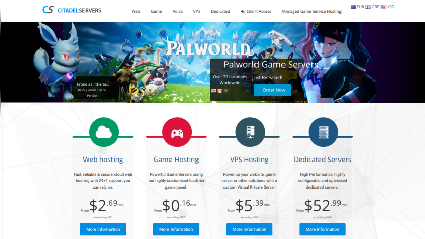 CS Trade Servers homepage showing web hosting, game hosting, VPS hosting, and dedicated servers with pricing and features