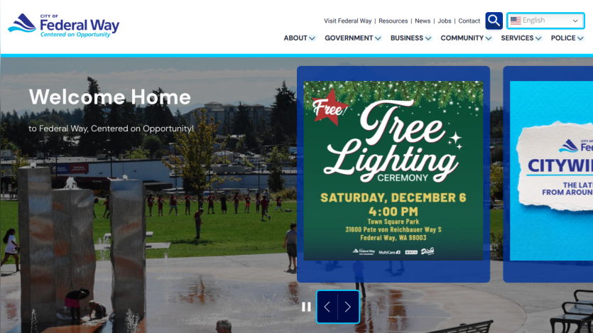 City of Federal Way website with welcome message and announcement for free Tree Lighting Ceremony on December 6 at Town Square Park
