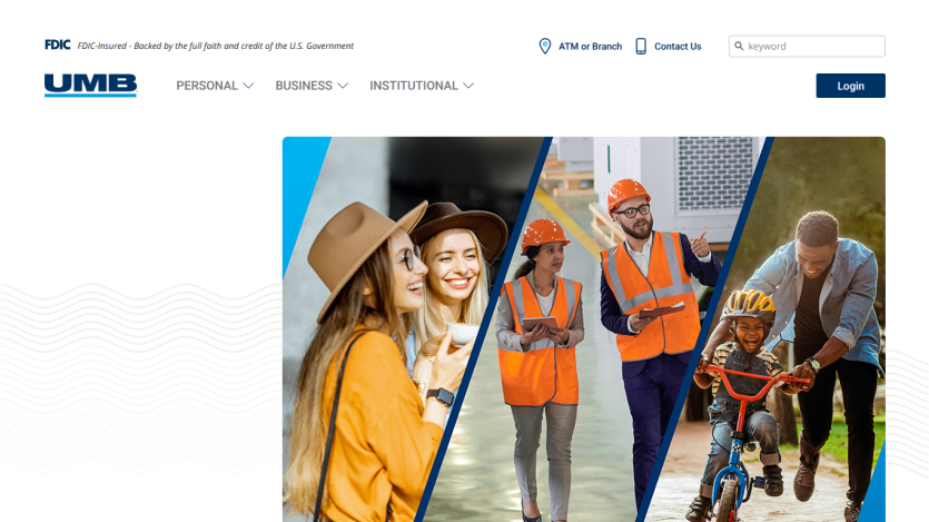 UMB bank homepage with navigation for personal, business, institutional banking and images of diverse people in various activities