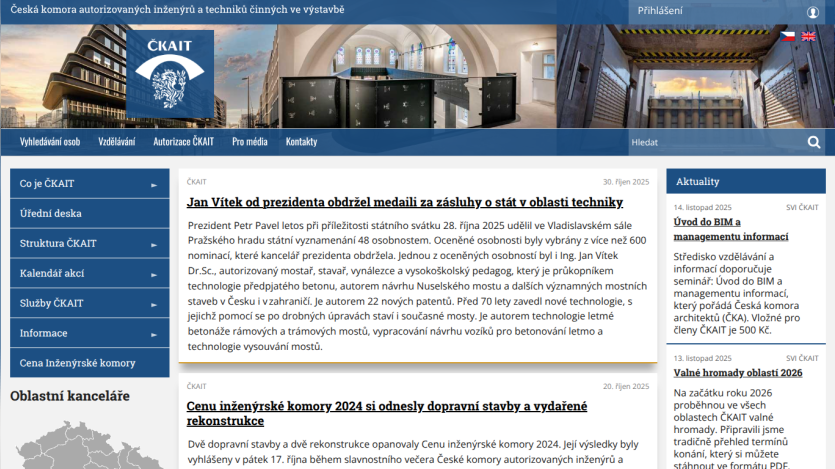 ČKAIT website with news articles about awards and events for authorized engineers and technicians in construction