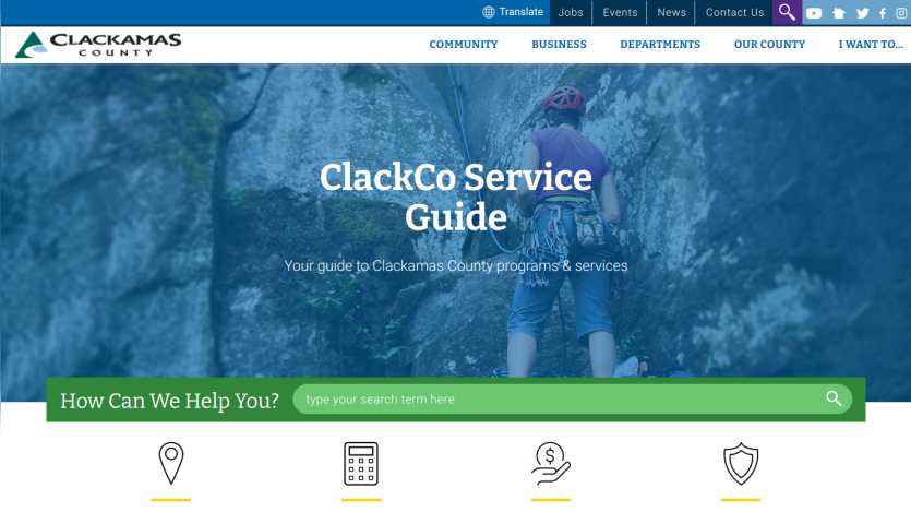 Clackamas County Service Guide homepage with search bar and service icons.