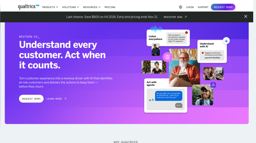 Qualtrics homepage with headline about understanding customers using AI, call-to-action buttons, and images of people and chat bubbles