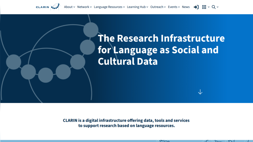 Website header and hero section introducing research infrastructure for language as social and cultural data