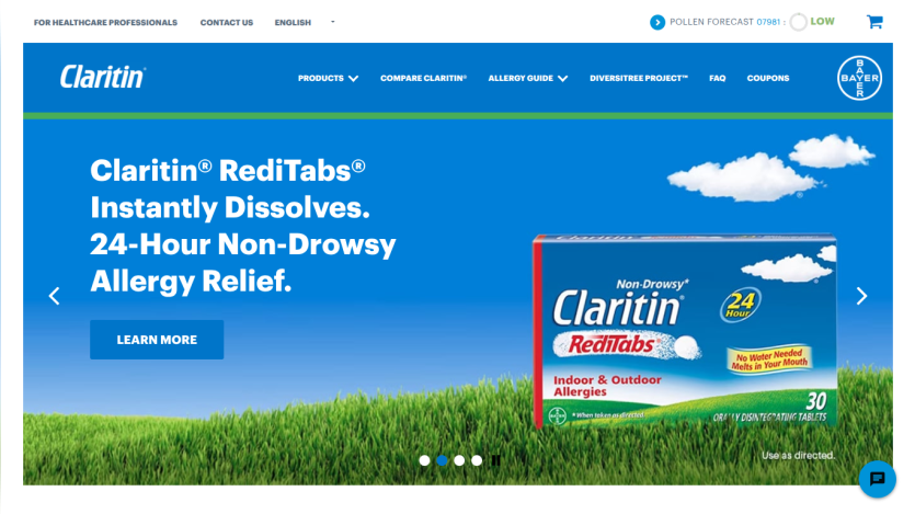 Claritin RediTabs non-drowsy allergy relief product with 24-hour effect and learn more button