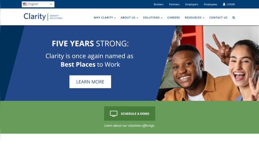 Clarity Benefit Solutions homepage highlights five years as a best place to work with a call to schedule a demo.