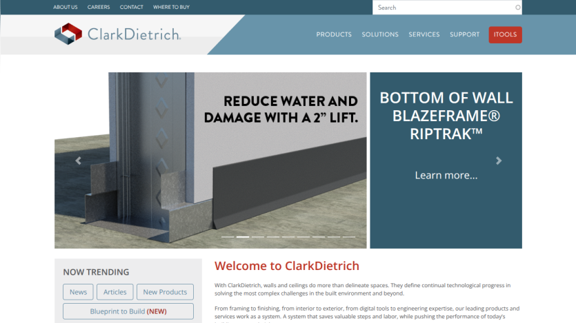 ClarkDietrich homepage with navigation, product highlights, and welcome message about wall and ceiling solutions