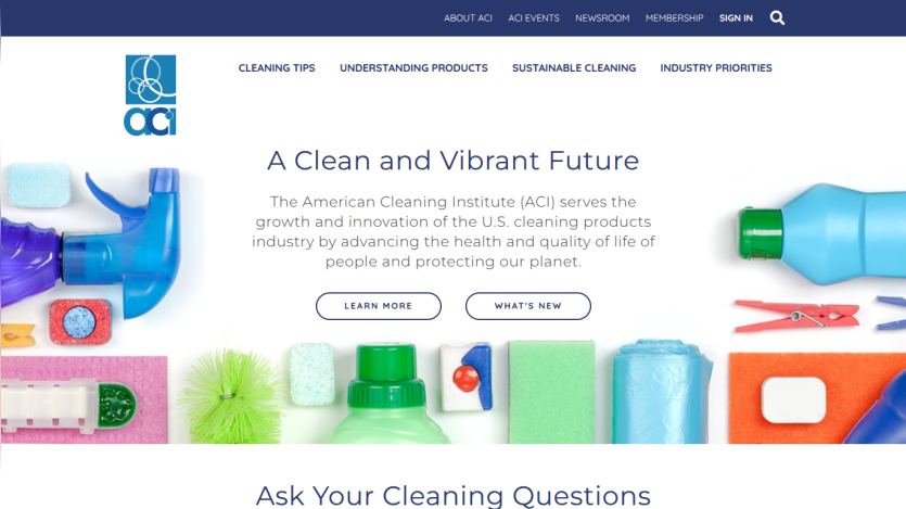 Homepage of the American Cleaning Institute with a focus on cleaning products and a call to action.