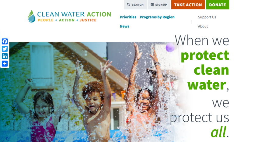 Clean Water Action website with children playing in water and slogan about protecting clean water