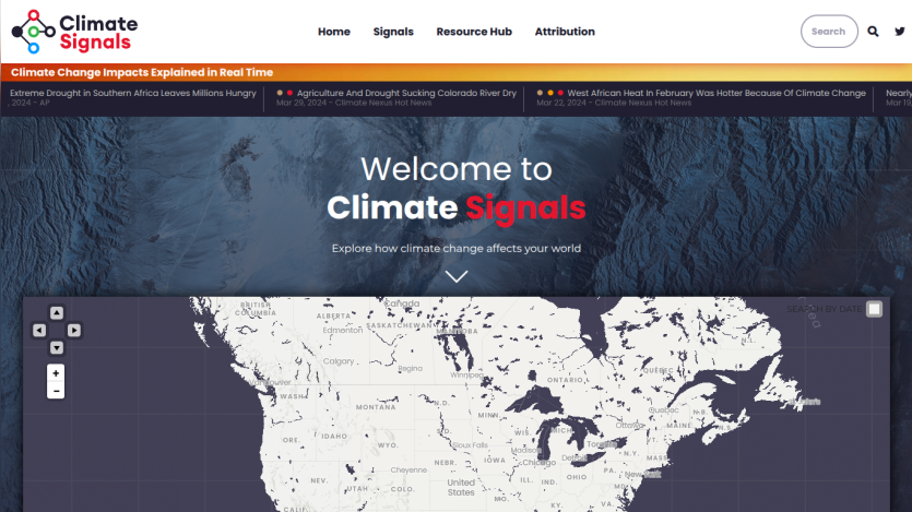 Climate Signals homepage with navigation, headline 'Welcome to Climate Signals', and interactive US map showing climate data