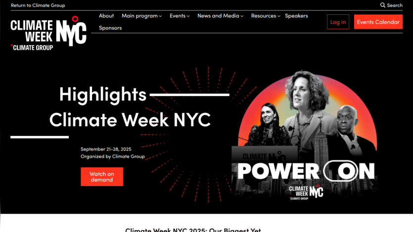 Climate Week NYC highlights with event dates and 'Power On' theme featuring speakers