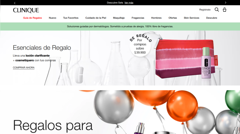 Clinique website with gift essentials promotion offering clarifying lotion and cosmetic bag for purchases over $39,900