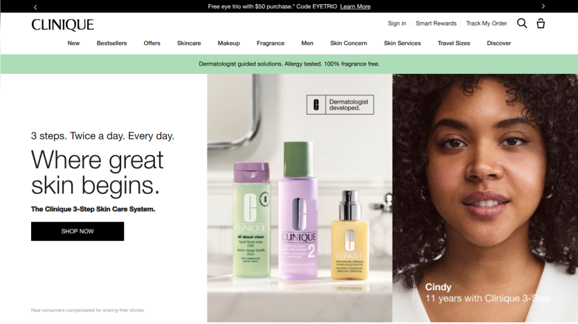 Clinique homepage featuring skincare products and a model with a tagline about skincare routine.