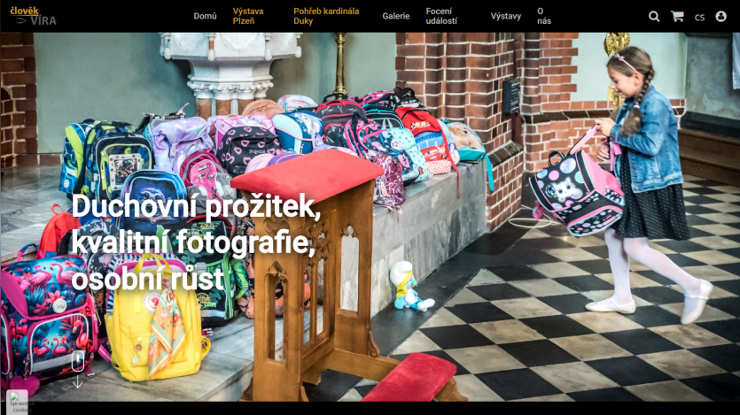 Website with a spiritual and photography theme showing a girl with backpacks in a church setting and text about spiritual experience and personal growth