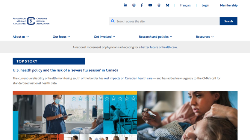 Homepage featuring U.S. health policy article with images of healthcare professionals and patients.