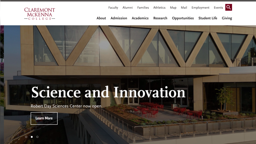Homepage featuring 'Science and Innovation' with a call to action for the Robert Day Science Center.