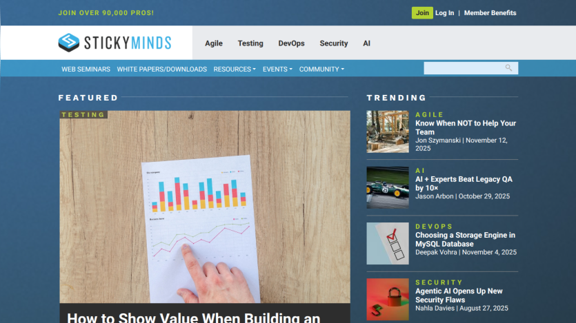 StickyMinds website with navigation menu, featured article on testing, and trending articles on Agile, AI, DevOps, and Security.