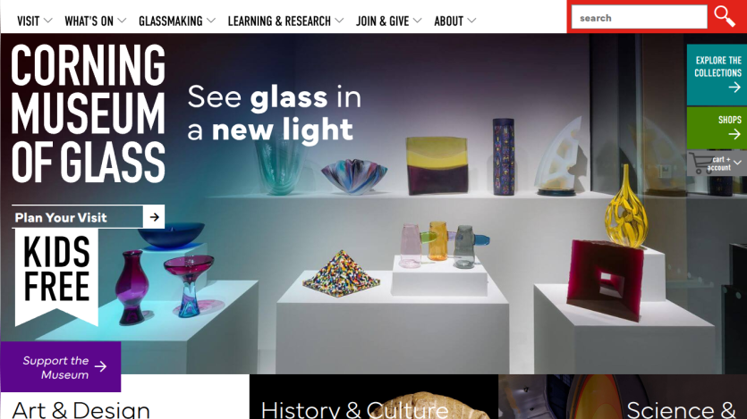 Homepage of the Corning Museum of Glass featuring colorful glass art displays and a promotional banner.