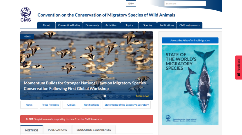 Homepage of CMS with news on migratory species conservation and a featured workshop.