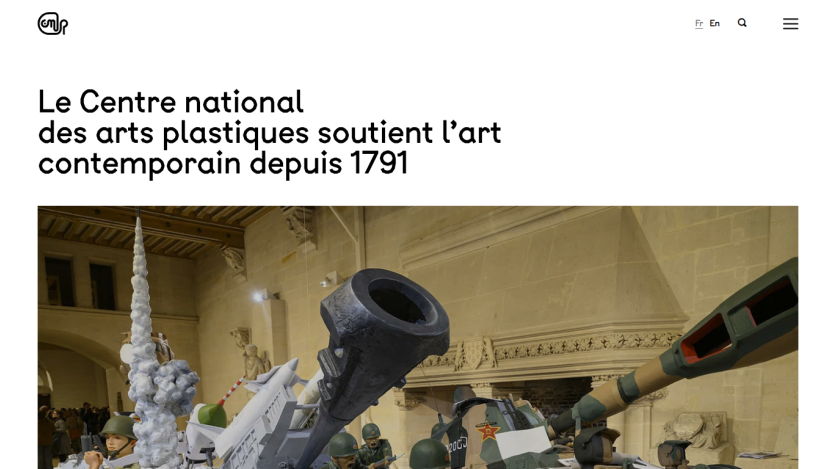 Homepage of the Centre national des arts plastiques with headline about supporting contemporary art since 1791 and a large artistic installation image