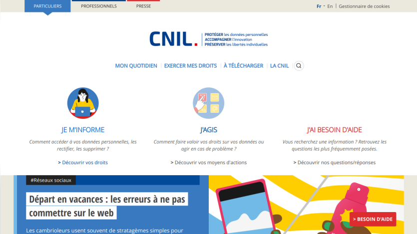 CNIL website homepage with navigation and key sections on data protection.