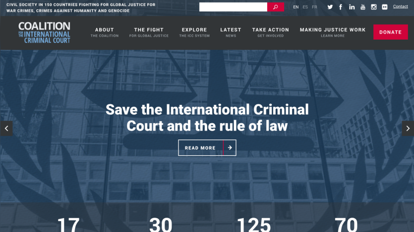 Coalition for the International Criminal Court website with navigation and call to action to save the ICC and rule of law.