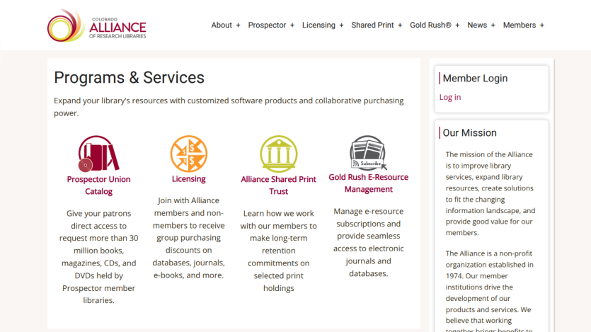 Colorado Alliance of Research Libraries programs and services overview with member login and mission statement
