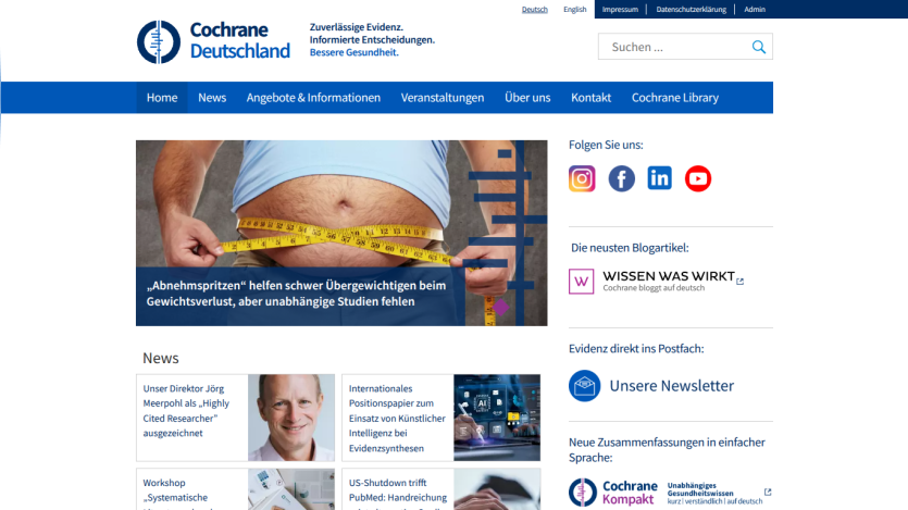 Cochrane Deutschland homepage with health evidence focus, navigation menu, hero image about weight loss, and latest news and newsletter signup.