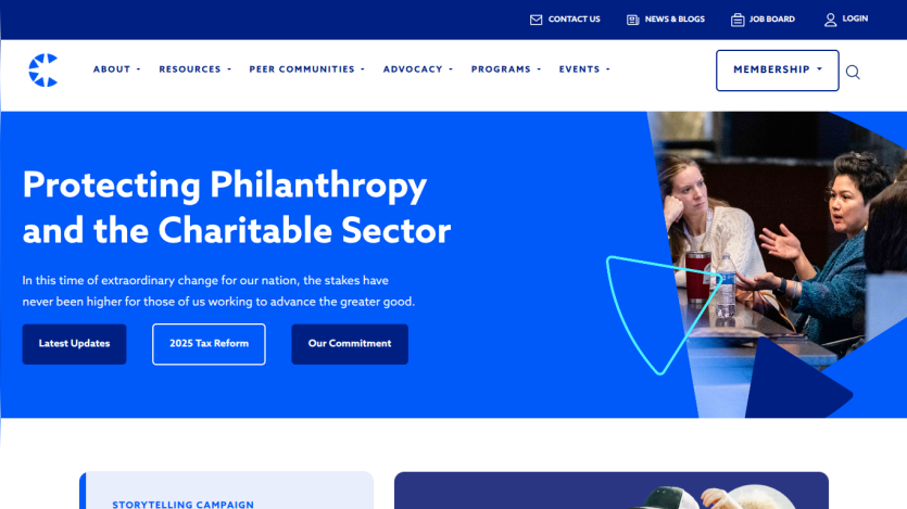 Homepage featuring a header and a message about philanthropy and the charitable sector.